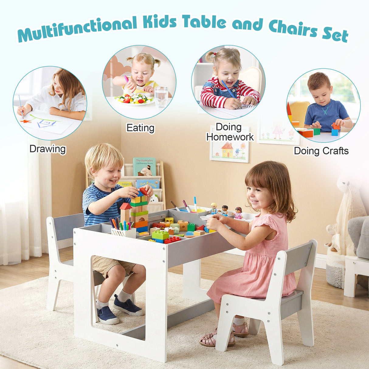 Multifunctional Kids Table and 2 Chairs Set with Chalkboard-Gray