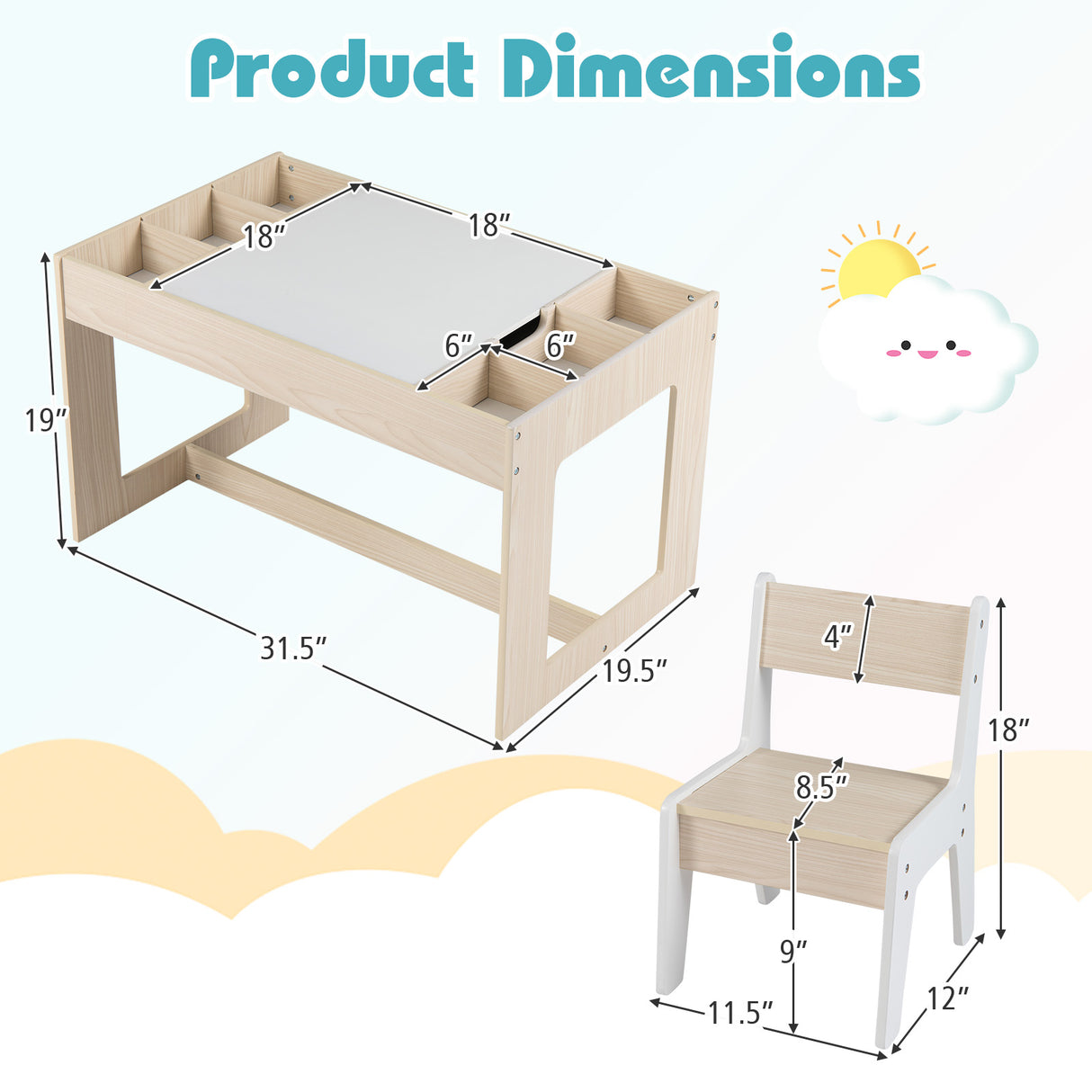 Multifunctional Kids Table and 2 Chairs Set with Chalkboard-Natural