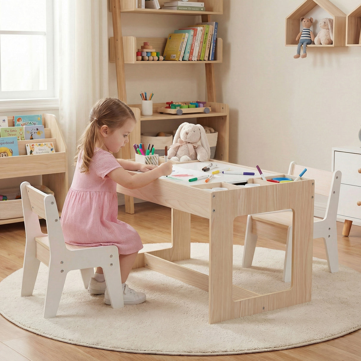 Multifunctional Kids Table and 2 Chairs Set with Chalkboard-Natural