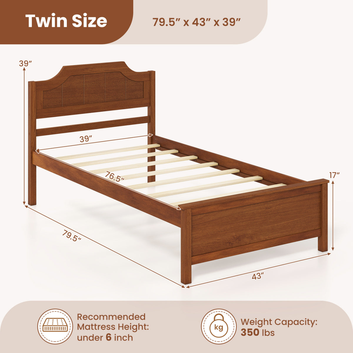 Multiple Size Solid Wood Platform Bed Frame with Headboard in Walnut-Twin Size