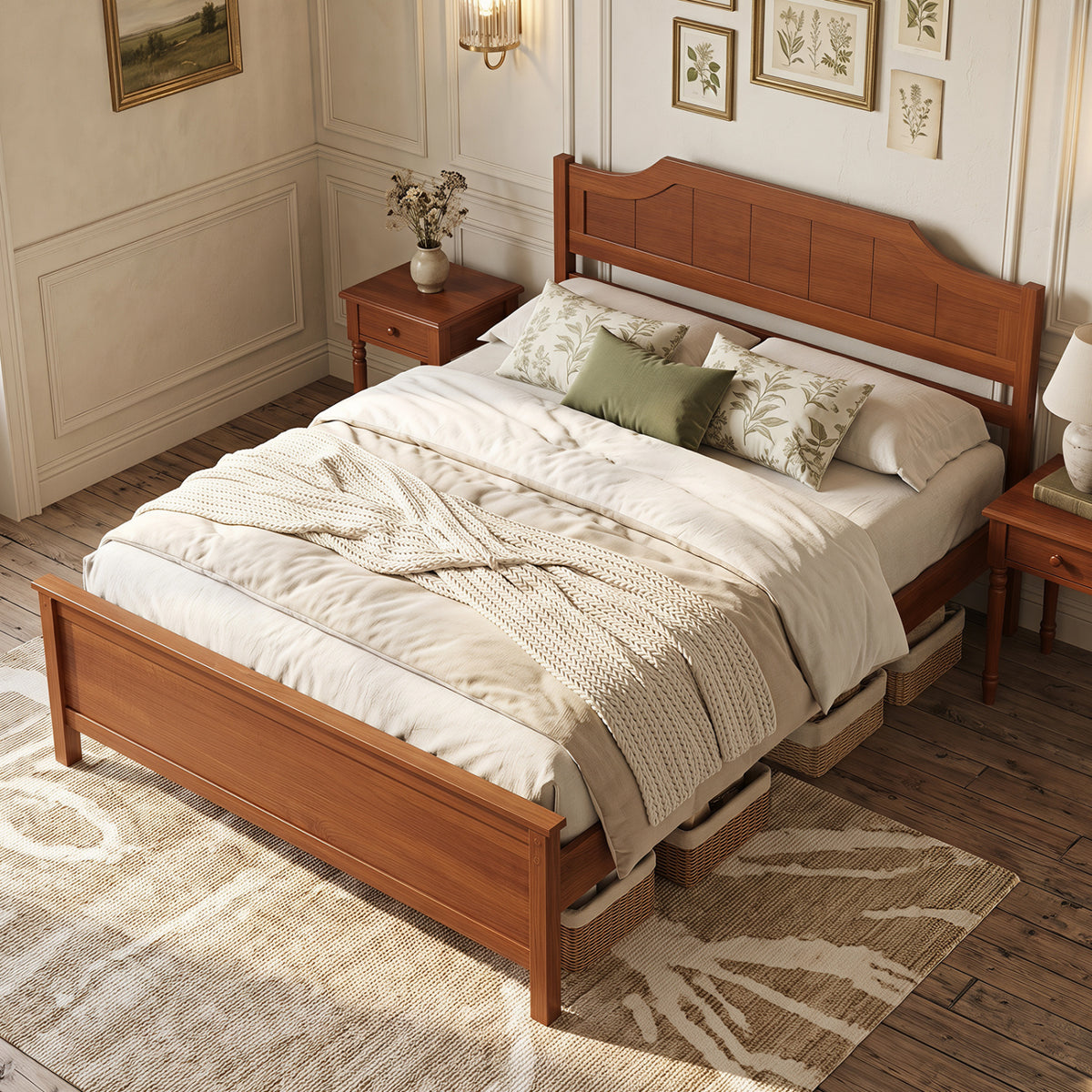 Multiple Size Solid Wood Platform Bed Frame with Headboard in Walnut-Full Size
