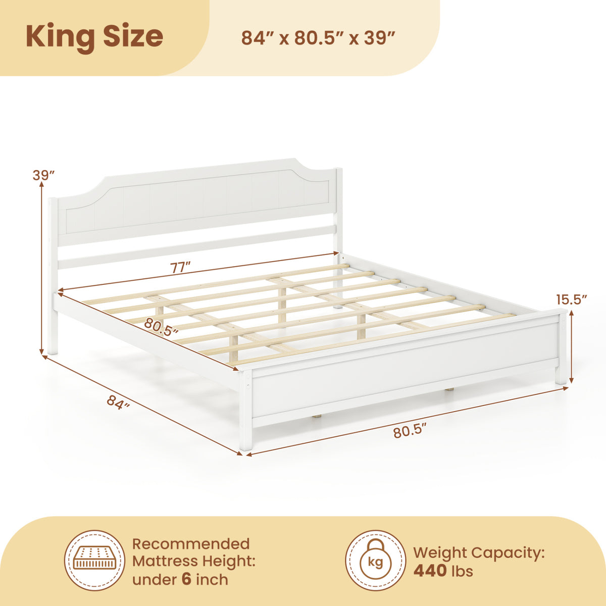 Multiple Size Solid Wood Platform Bed Frame with Headboard in White-King Size