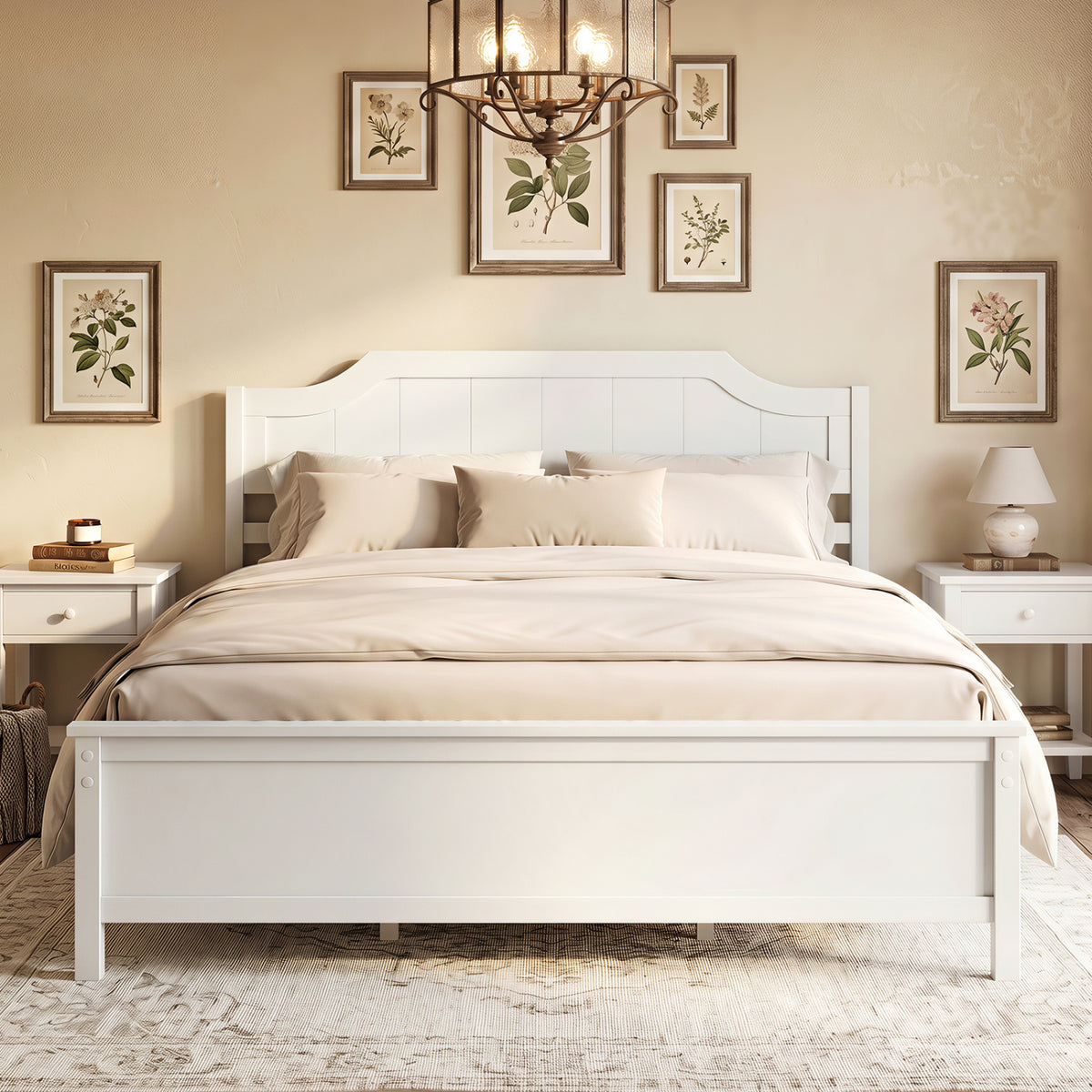 Multiple Size Solid Wood Platform Bed Frame with Headboard in White-Queen Size