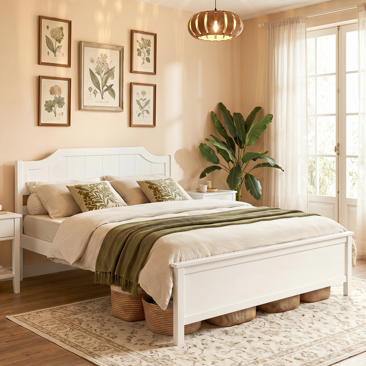 Multiple Size Solid Wood Platform Bed Frame with Headboard in White-Queen Size