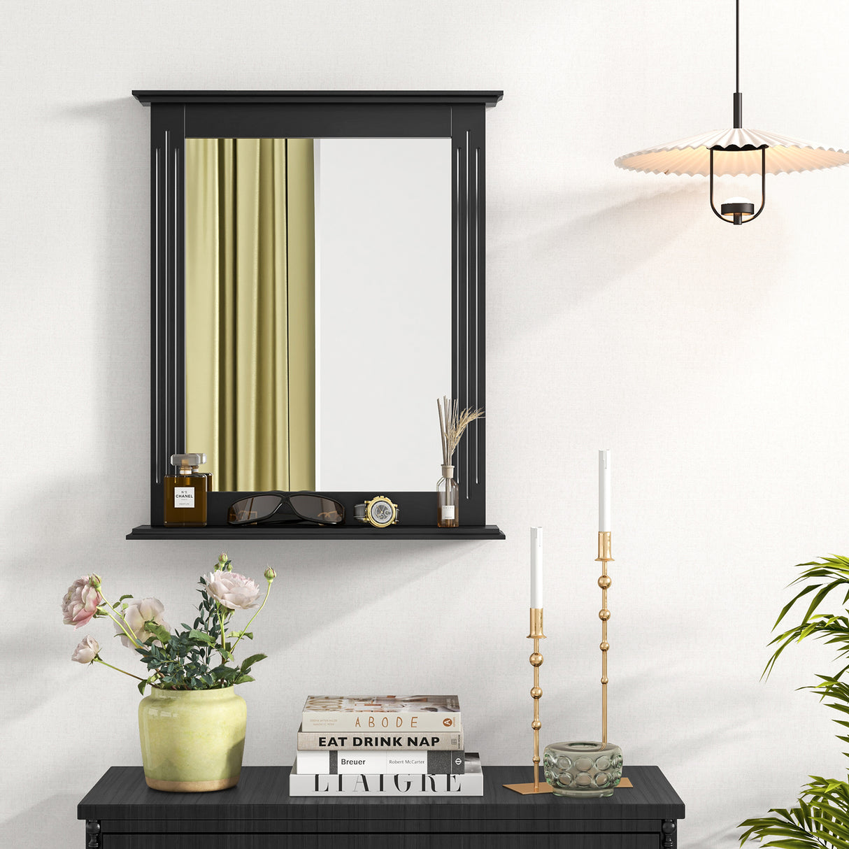 Wall-Mounted Multipurpose Vanity Mirror with Shelf-Black