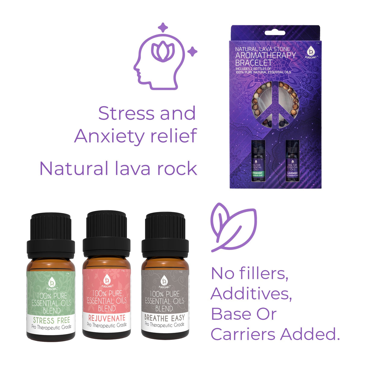 Pursonic Aromatherapy Bliss Bundle: Lava Stone Bracelet + Pure Essential Oils. by Pursonic