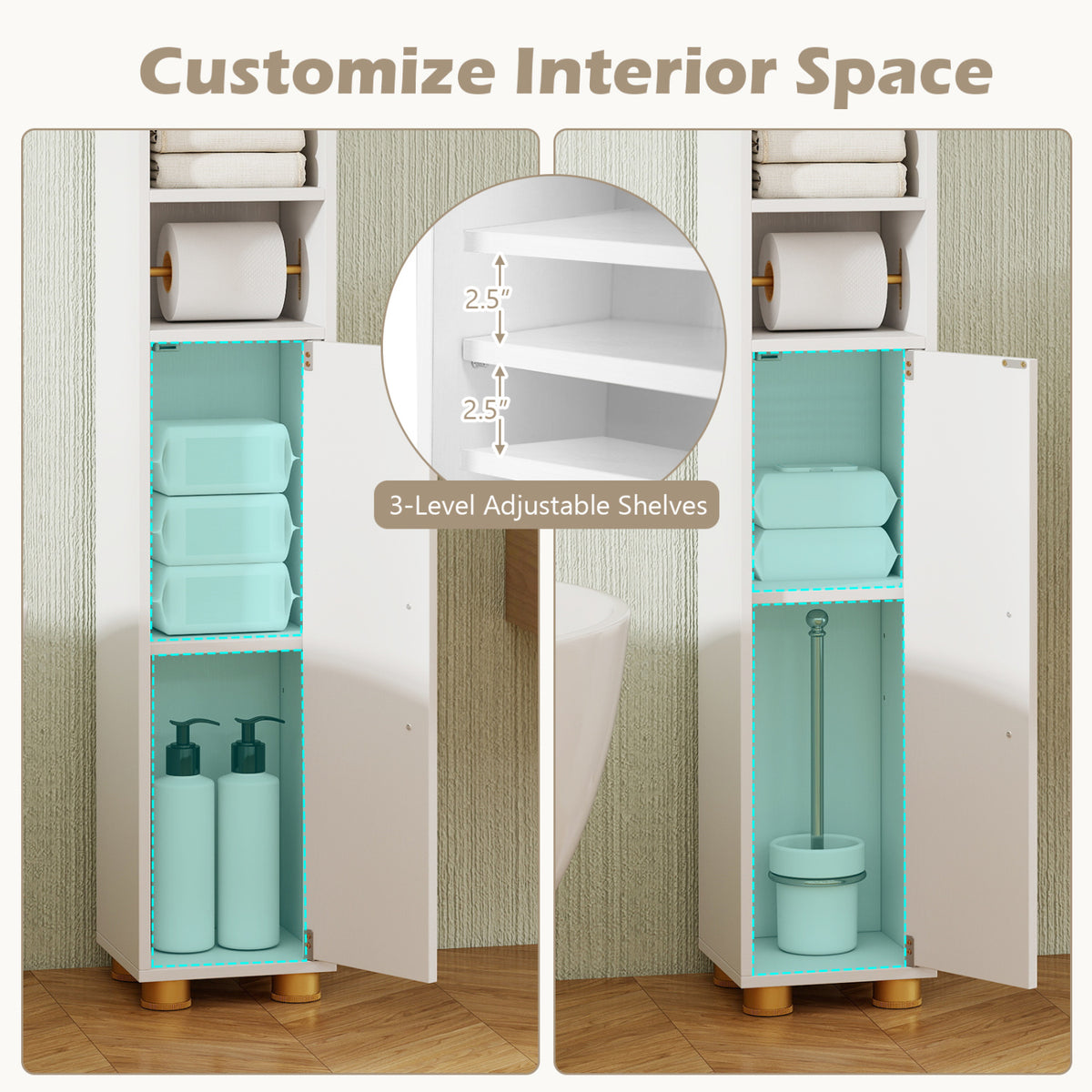 Narrow Bathroom Storage Cabinet with Open Shelves and Toilet Paper Holder-White