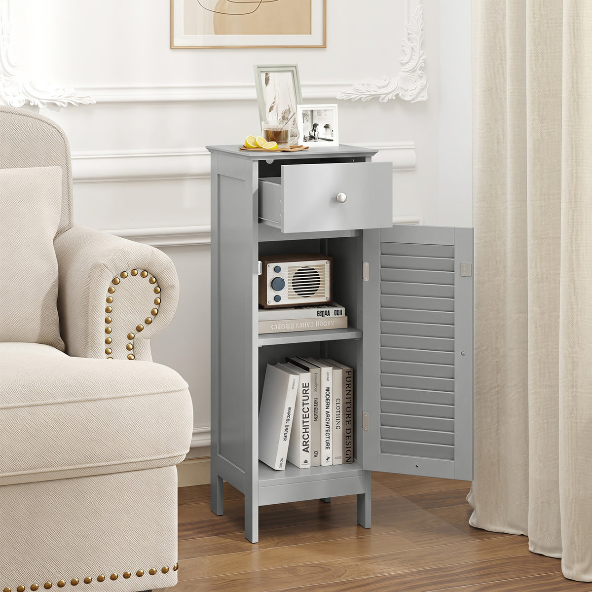 Narrow Bathroom Storage Cabinet with Adjustable Shelf and Drawer-Gray