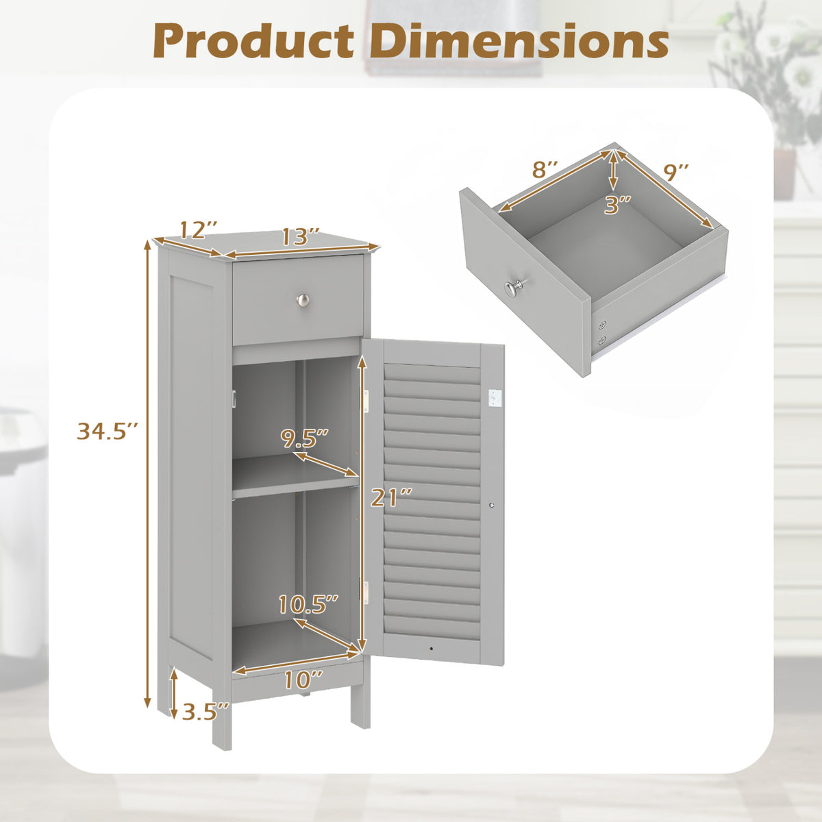 Narrow Bathroom Storage Cabinet with Adjustable Shelf and Drawer-Gray