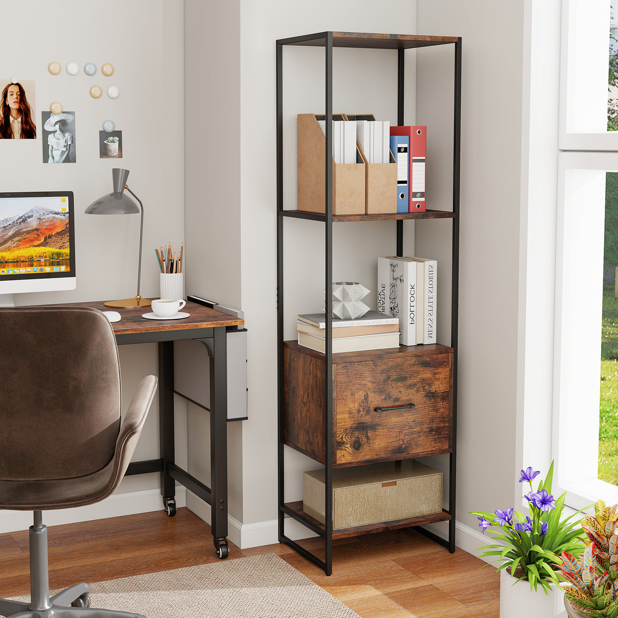 5-Tier Narrow Bookcase with 4 Open Shelves and Storage Drawer-Rustic Brown