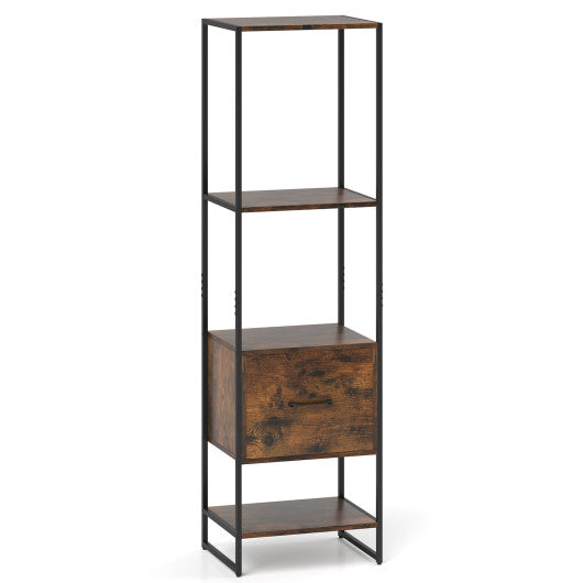 5-Tier Narrow Bookcase with 4 Open Shelves and Storage Drawer-Rustic Brown
