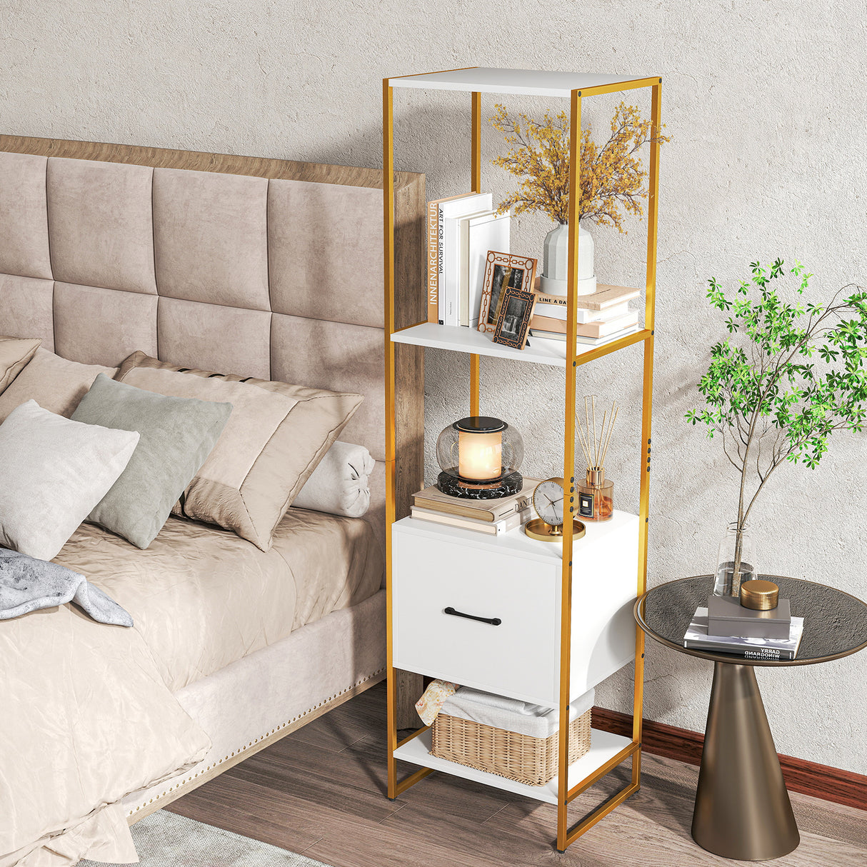 5-Tier Narrow Bookcase with 4 Open Shelves and Storage Drawer-White