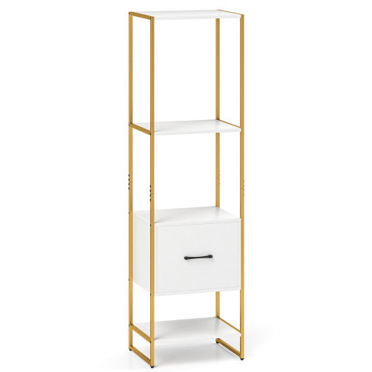 5-Tier Narrow Bookcase with 4 Open Shelves and Storage Drawer-White