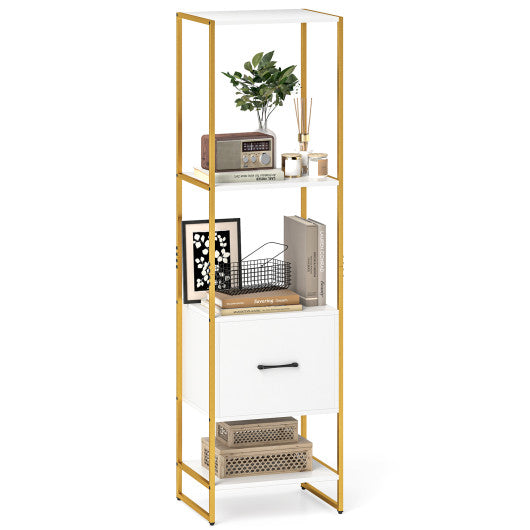 5-Tier Narrow Bookcase with 4 Open Shelves and Storage Drawer-White