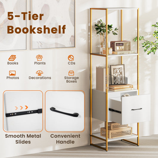 5-Tier Narrow Bookcase with 4 Open Shelves and Storage Drawer-White