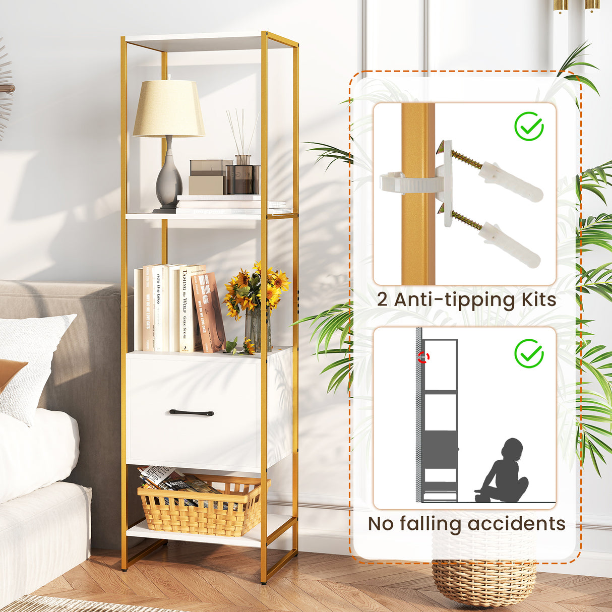 5-Tier Narrow Bookcase with 4 Open Shelves and Storage Drawer-White