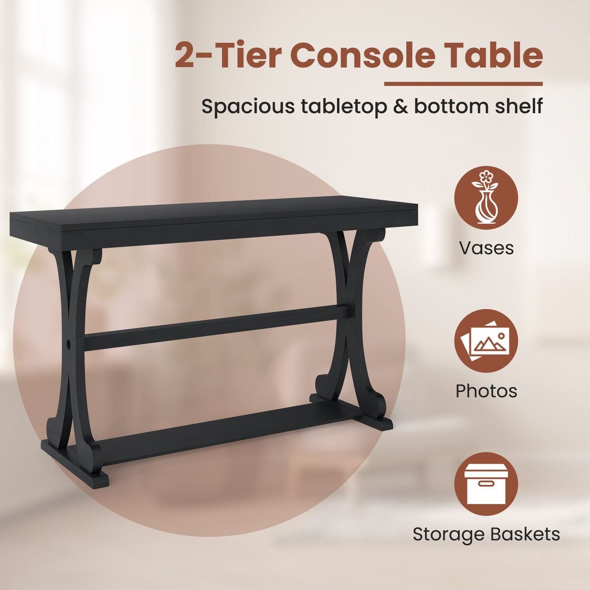 Narrow Console Table Vintage 52 Inch Long with Open Storage Shelf-Black
