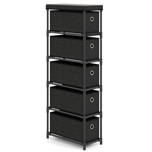 Narrow Dresser with 5 Drawers Slim Storage Tower with Metal Frame-Black