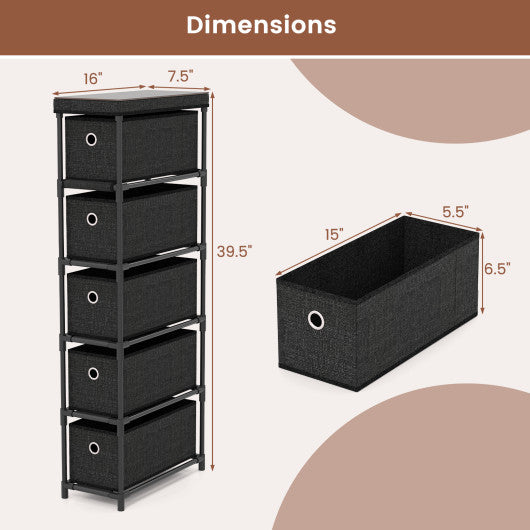 Narrow Dresser with 5 Drawers Slim Storage Tower with Metal Frame-Black