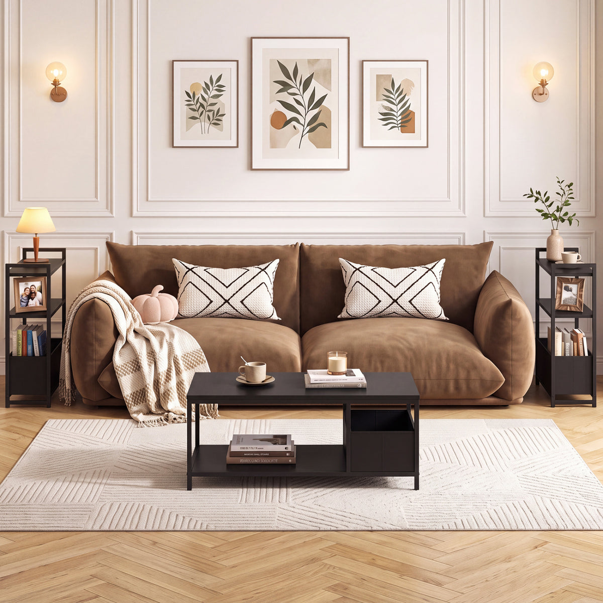 Narrow End Table with Storage Shelves and Metal Frame-Black