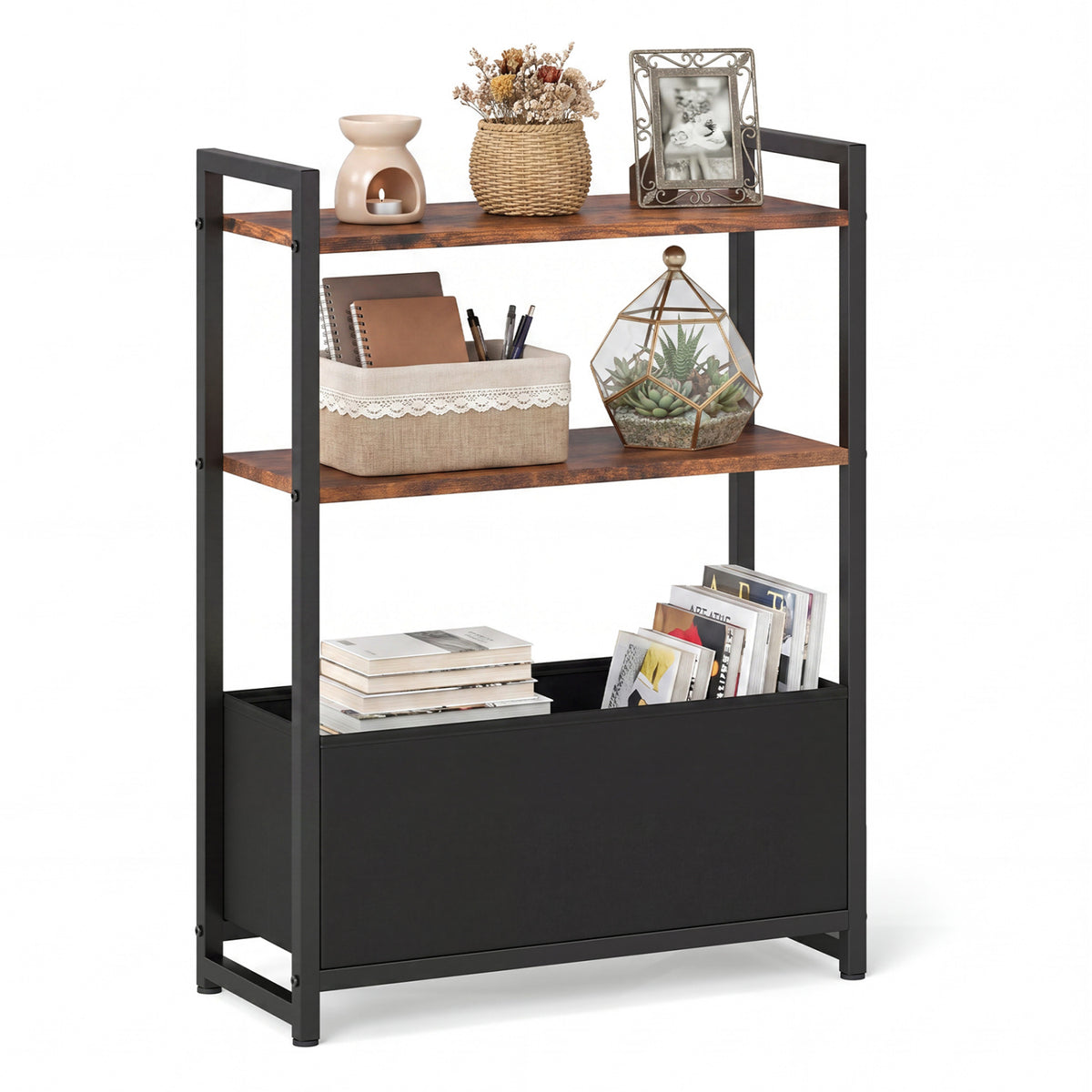 Narrow End Table with Storage Shelves and Metal Frame-Rustic Brown
