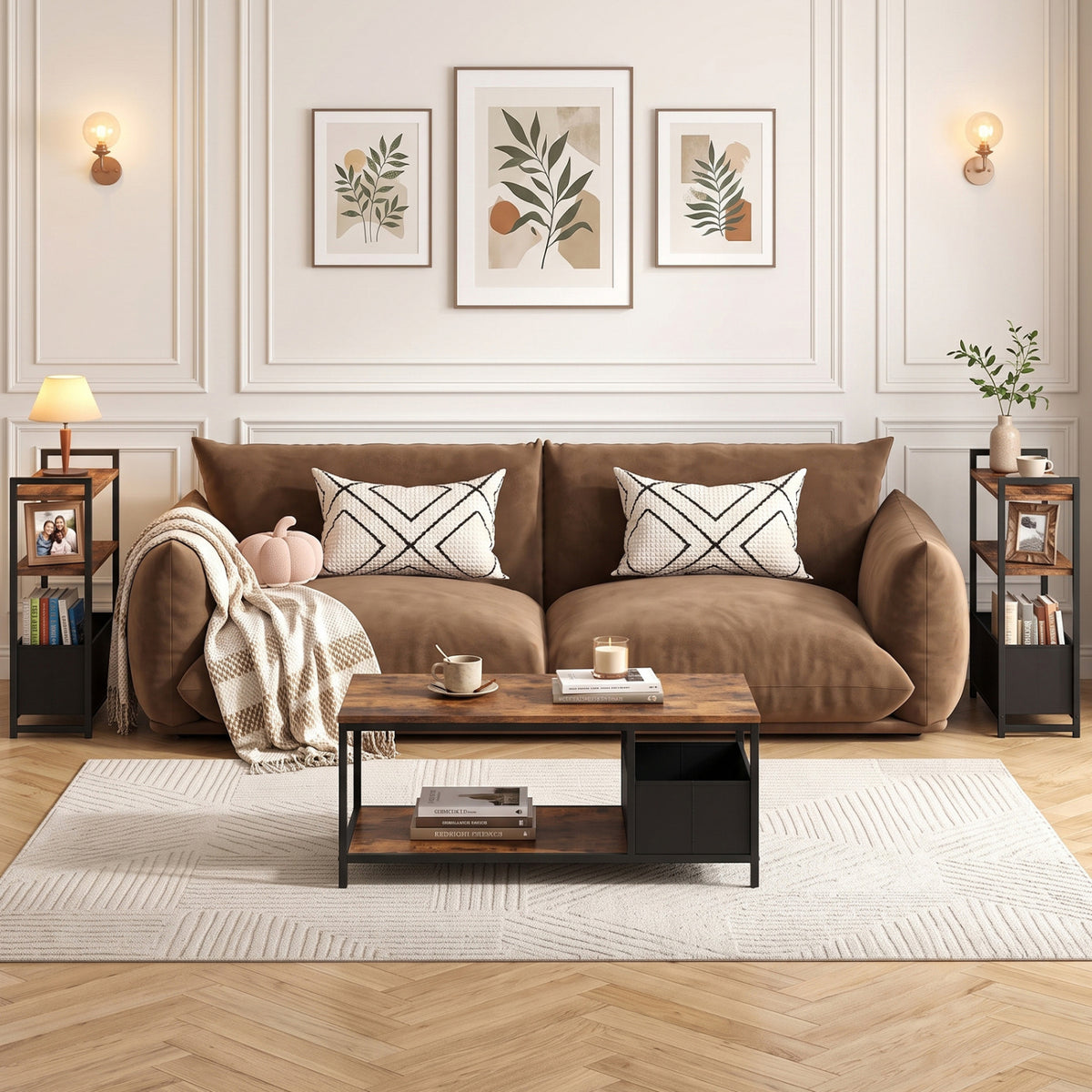 Narrow End Table with Storage Shelves and Metal Frame-Rustic Brown