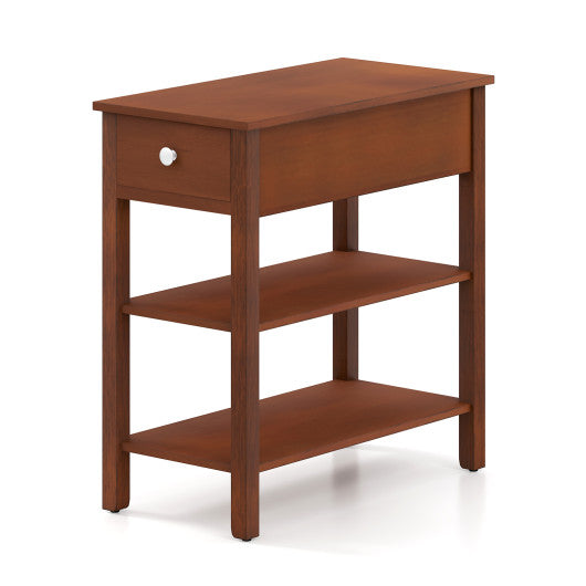 3-Tier Narrow End Table with Drawer and Storage Shelves-Brown