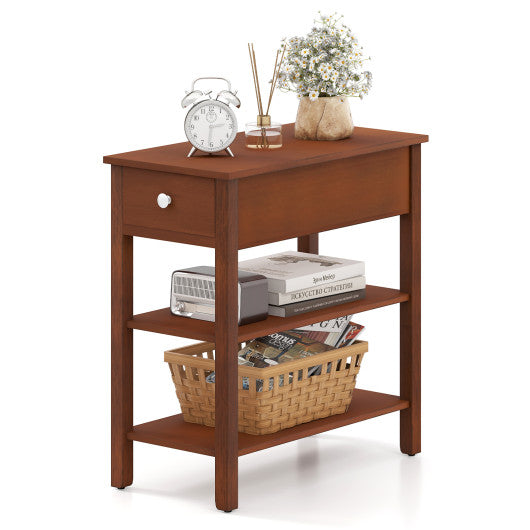 3-Tier Narrow End Table with Drawer and Storage Shelves-Brown