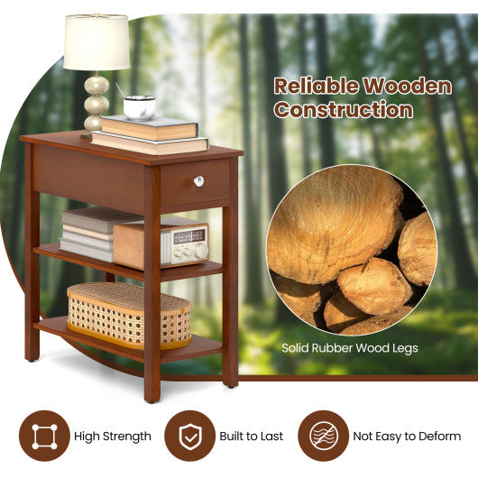 3-Tier Narrow End Table with Drawer and Storage Shelves-Brown