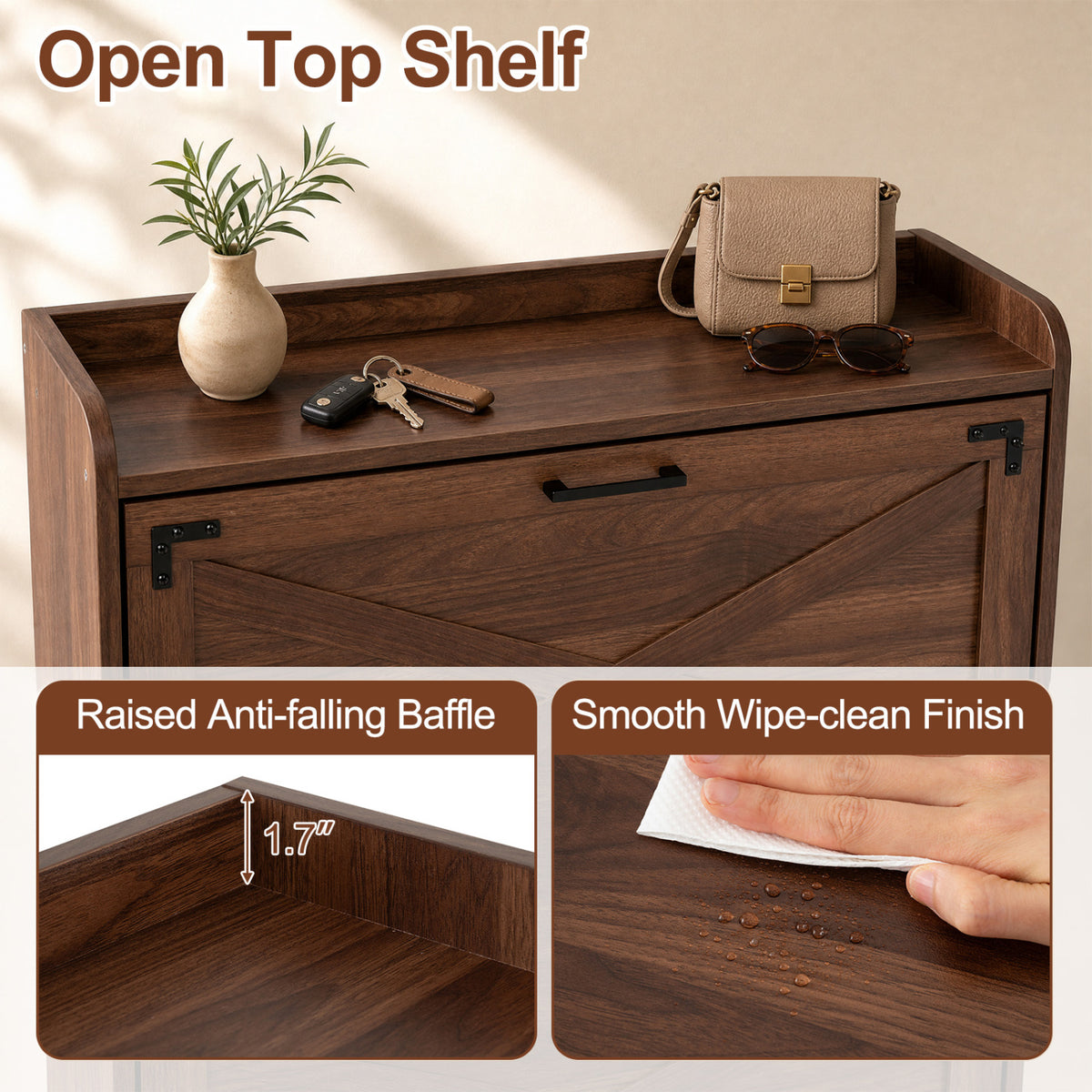 Narrow Shoe Cabinet with Adjustable and Removable Shelves for Entryway-Brown