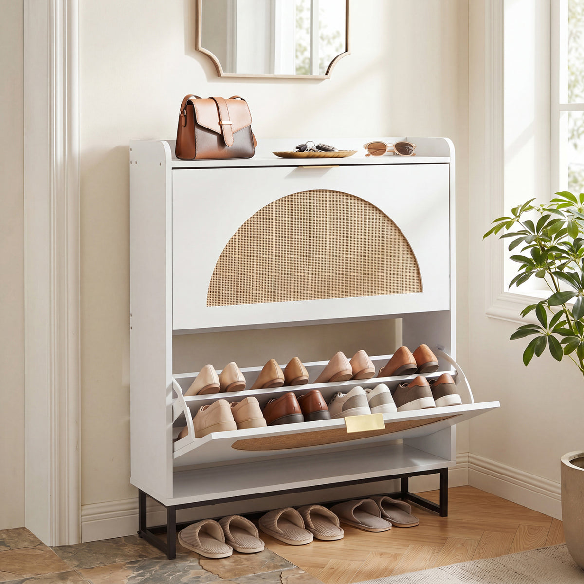 Narrow Shoe Storage Cabinet with 2 Flip Drawers and Adjustable Shelves-White