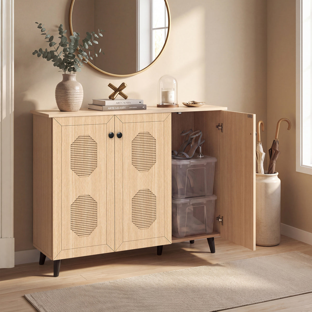 Natural Shoe Cabinet with 3 Doors Freestanding Closed Footwear Storage Unit for Entryway Hallway-Natural