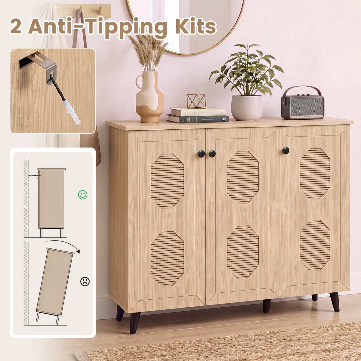 Natural Shoe Cabinet with 3 Doors Freestanding Closed Footwear Storage Unit for Entryway Hallway-Natural