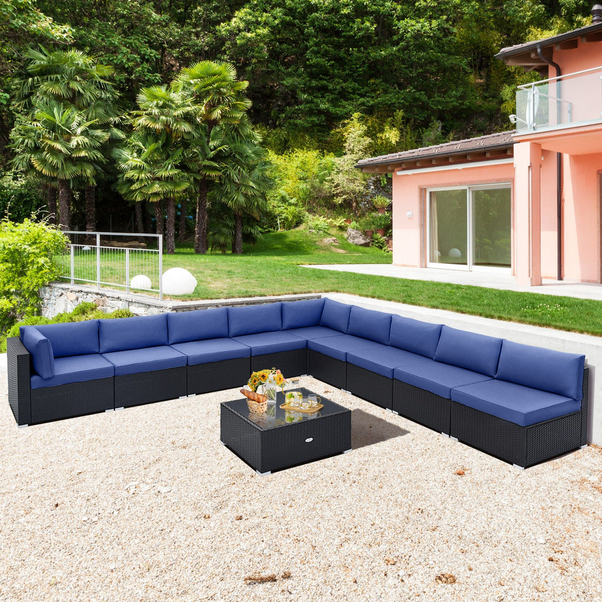 10 Piece Outdoor Wicker Conversation Set with Seat and Back Cushions-Navy by DirectDeals