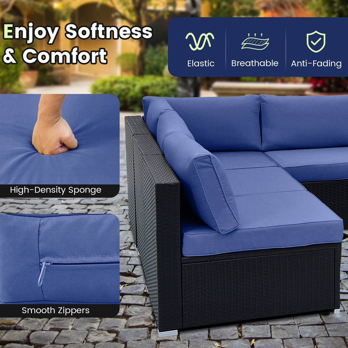 10 Piece Outdoor Wicker Conversation Set with Seat and Back Cushions-Navy by DirectDeals