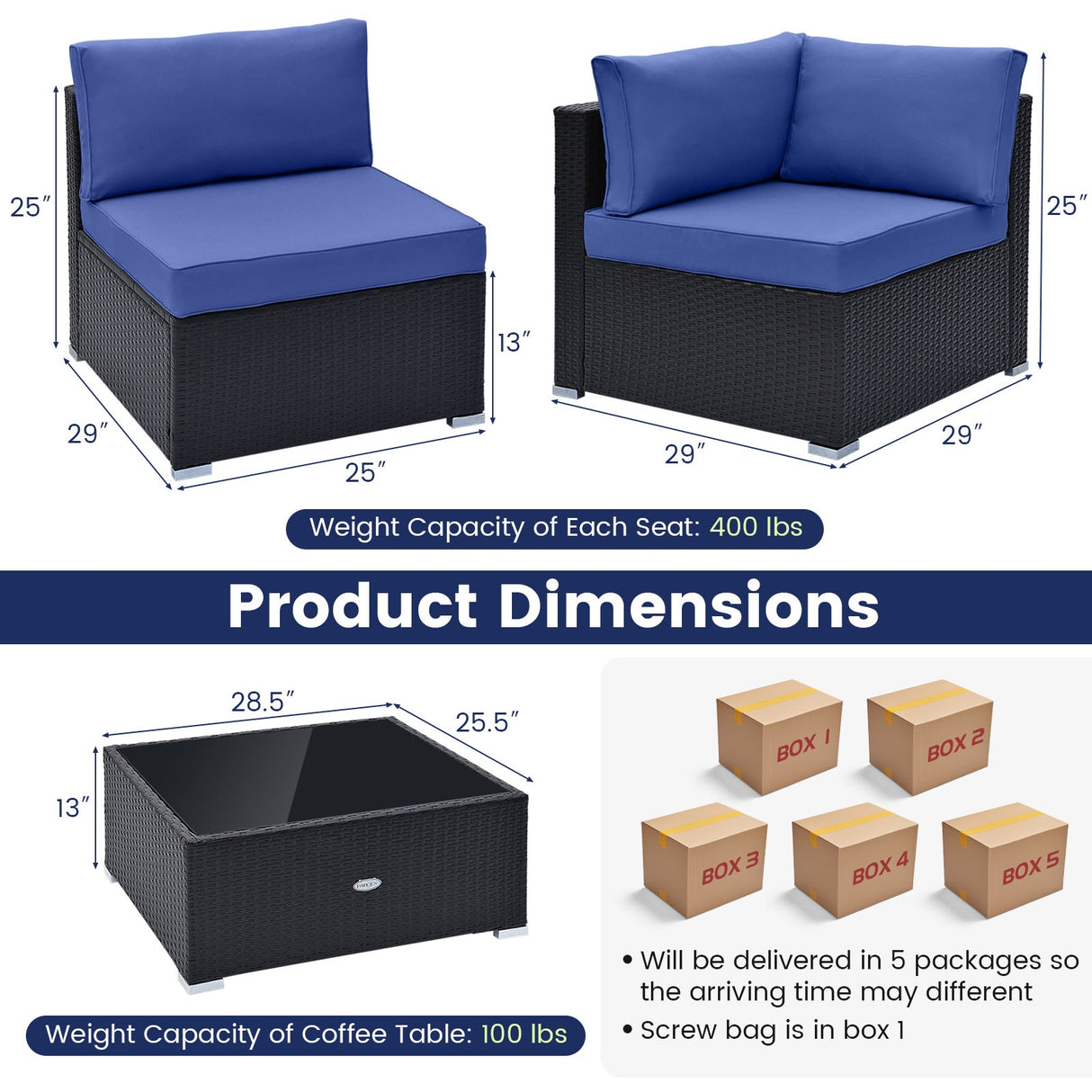 10 Piece Outdoor Wicker Conversation Set with Seat and Back Cushions-Navy by DirectDeals