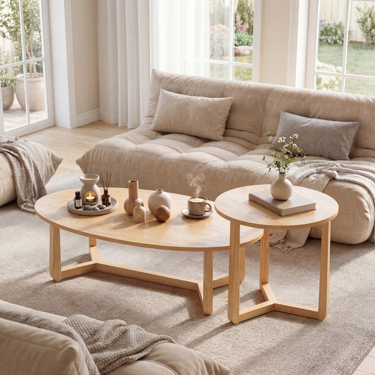 Nesting Coffee Table Set of 2 with Wood Veneered Top and Solid Rubber Wood Legs-Natural