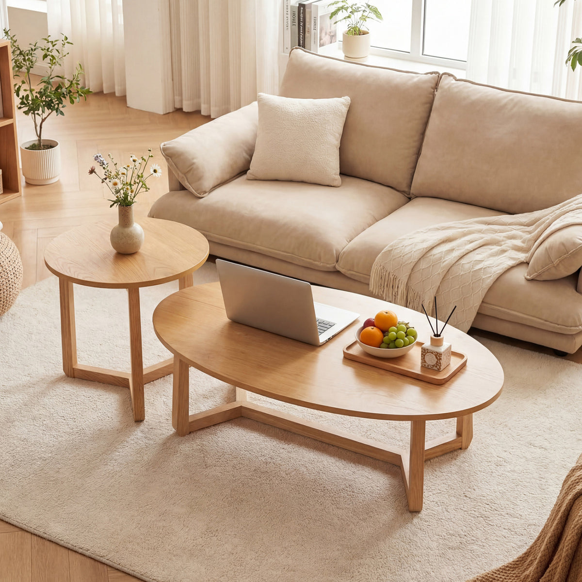 Nesting Coffee Table Set of 2 with Wood Veneered Top and Solid Rubber Wood Legs-Natural