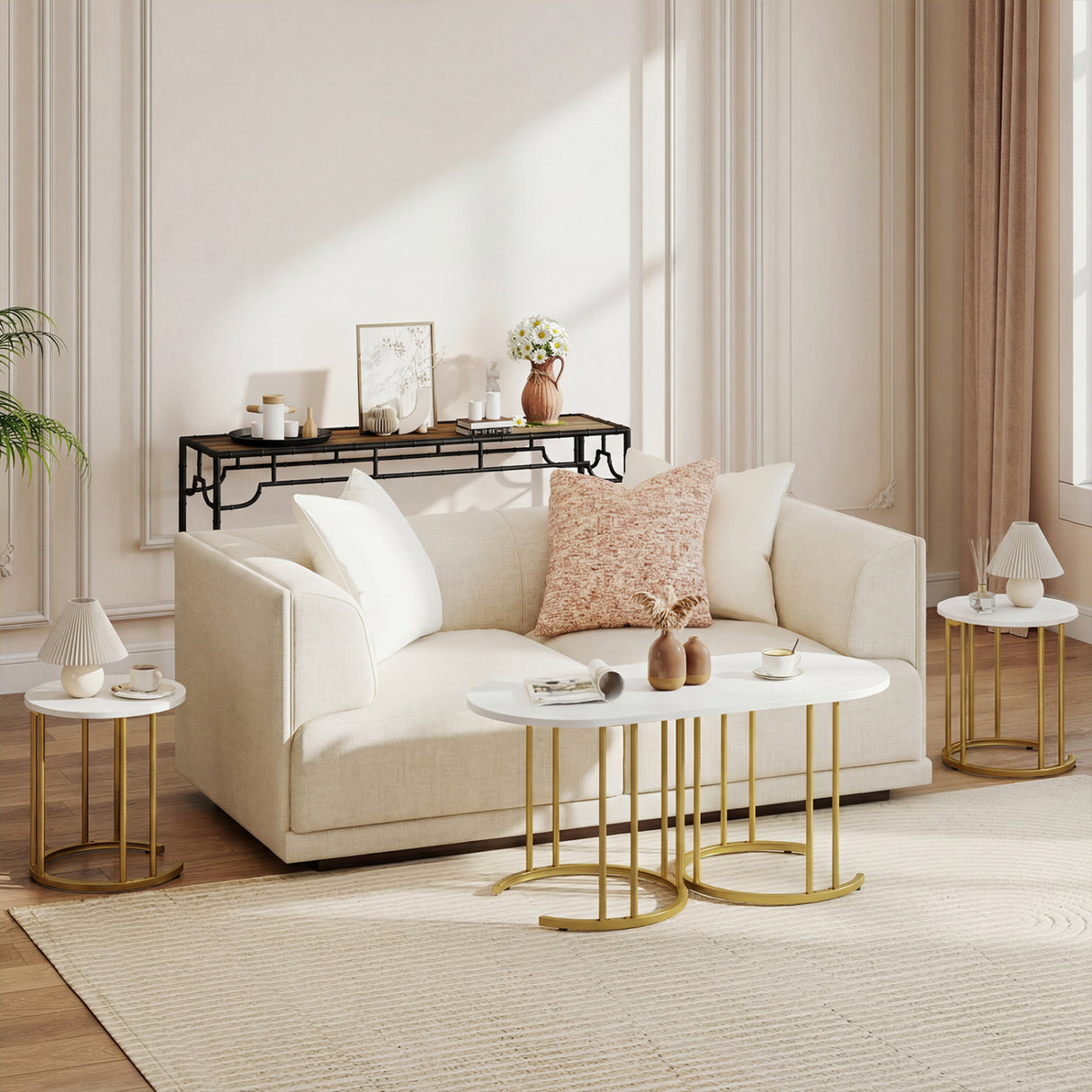 Nesting Coffee Table Set of 3 with Faux Marble Tabletop and Powder-coated Gold Metal Frame-White