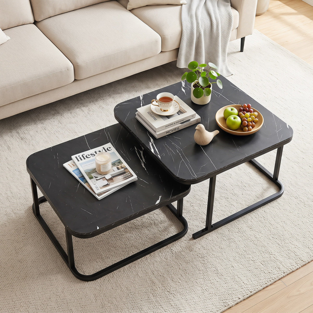 Nesting Coffee Table Set of 2 with Faux Marble Top and Metal Frame-Black