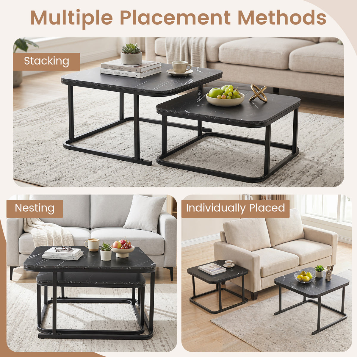Nesting Coffee Table Set of 2 with Faux Marble Top and Metal Frame-Black