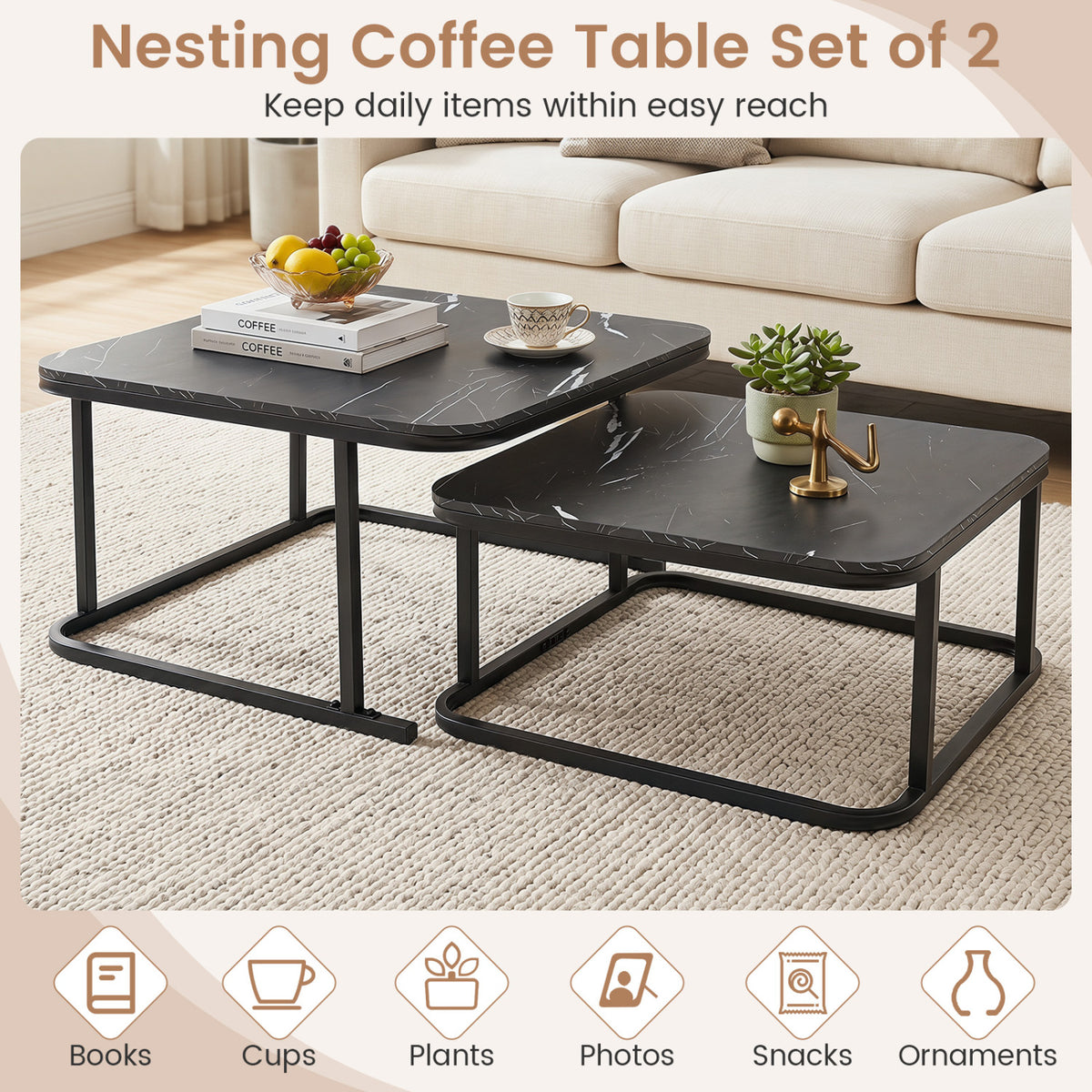 Nesting Coffee Table Set of 2 with Faux Marble Top and Metal Frame-Black