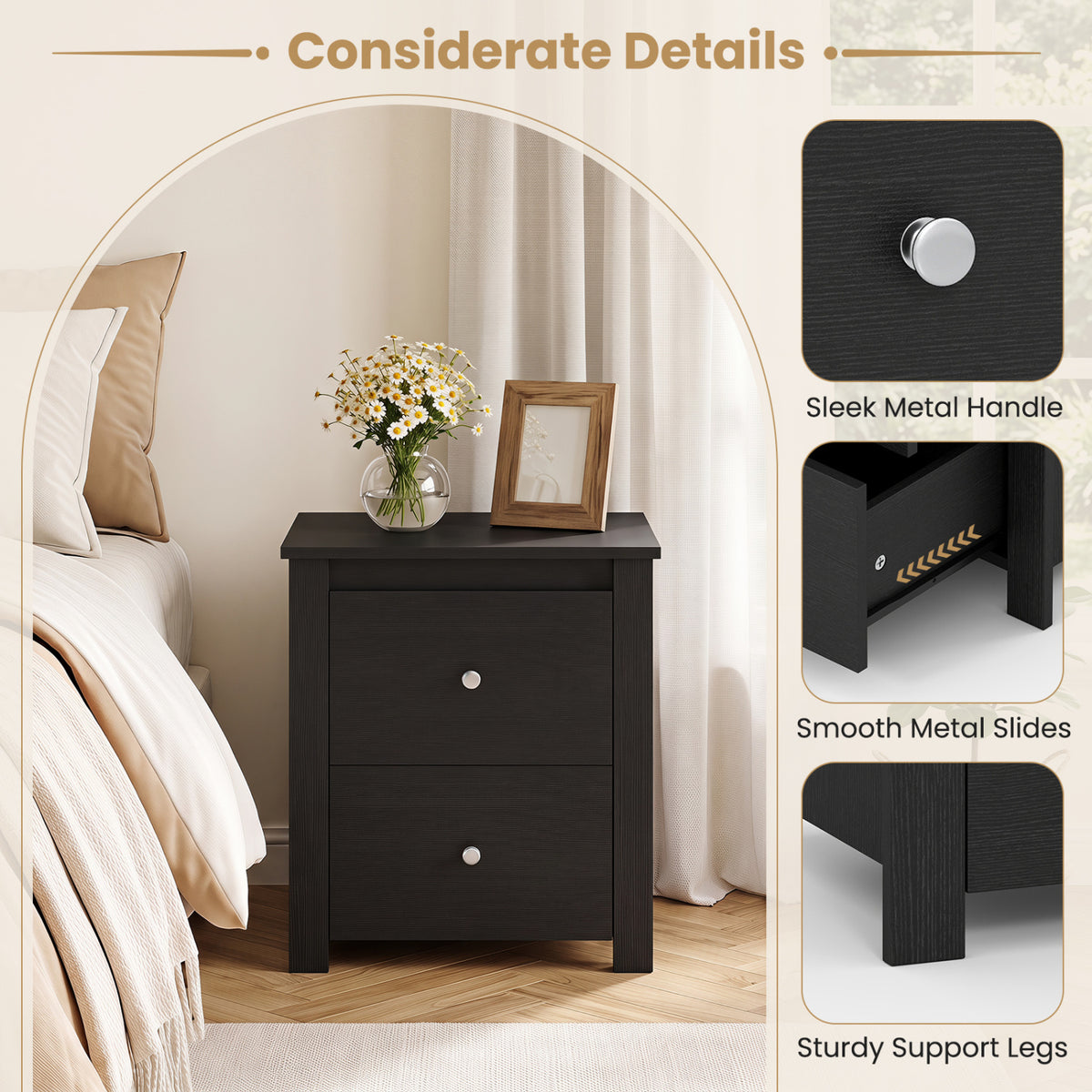 Nightstand with 2 Drawers & Storage for Bedroom Living Room Small Spaces-Black