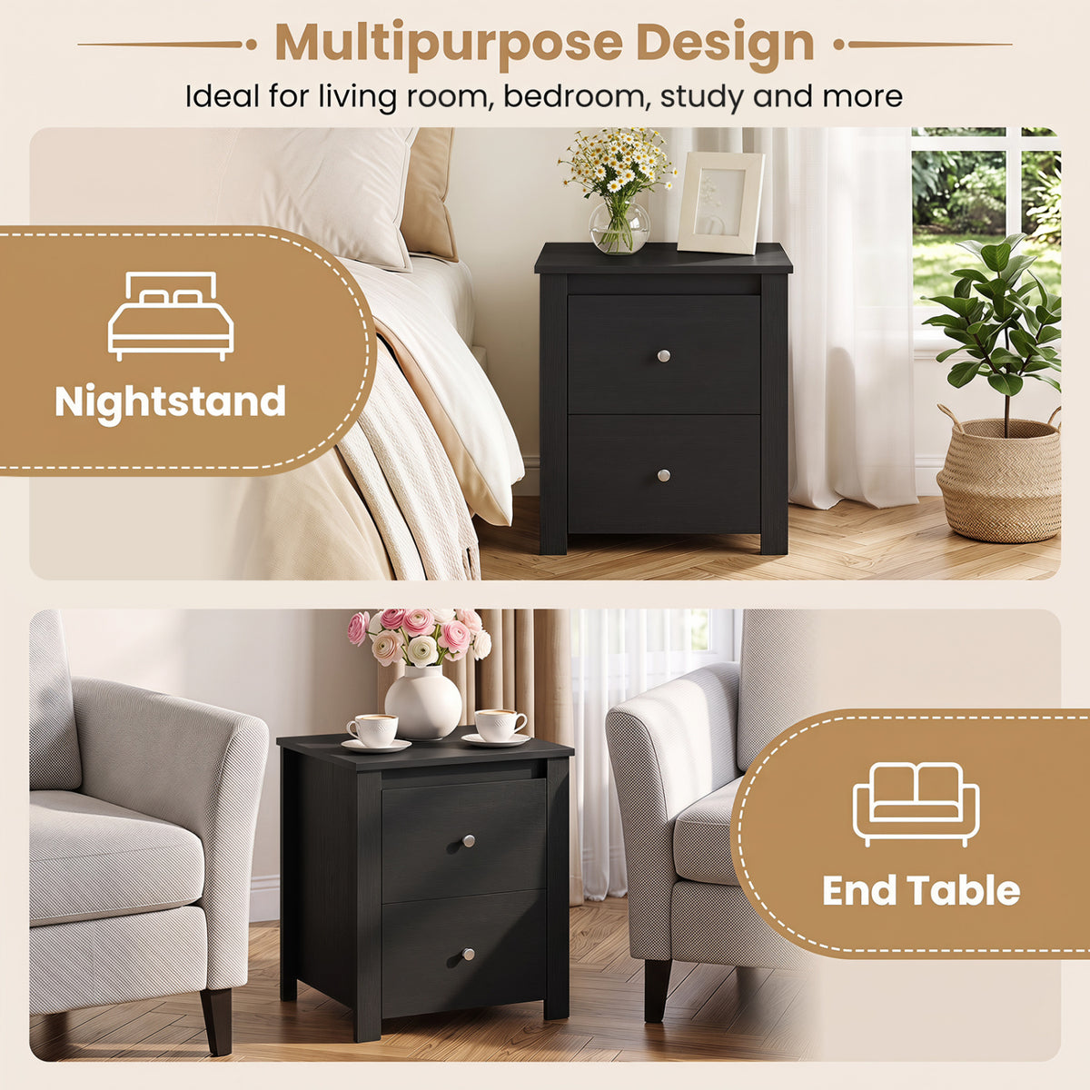Nightstand with 2 Drawers & Storage for Bedroom Living Room Small Spaces-Black