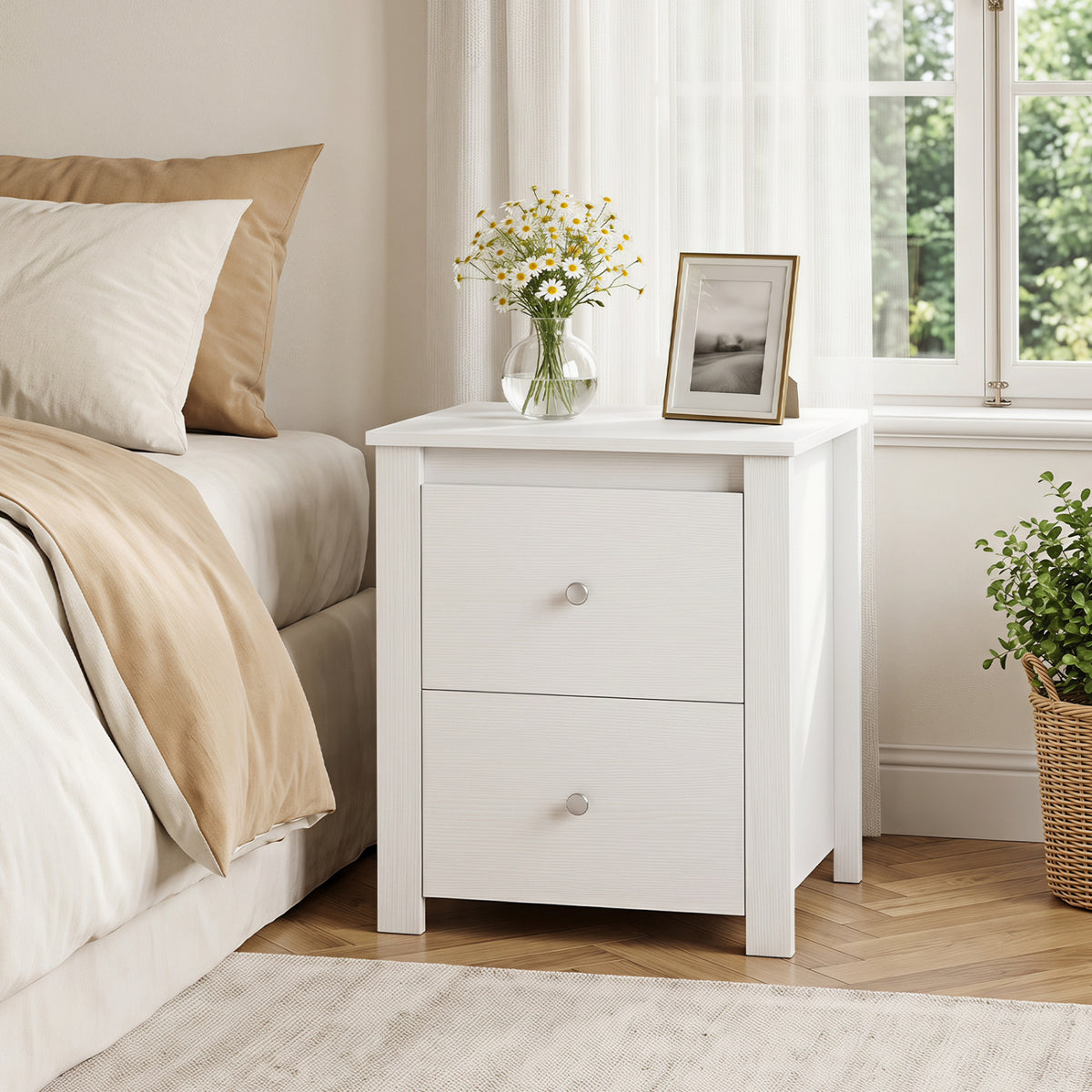 Nightstand with 2 Drawers & Storage for Bedroom Living Room Small Spaces-White