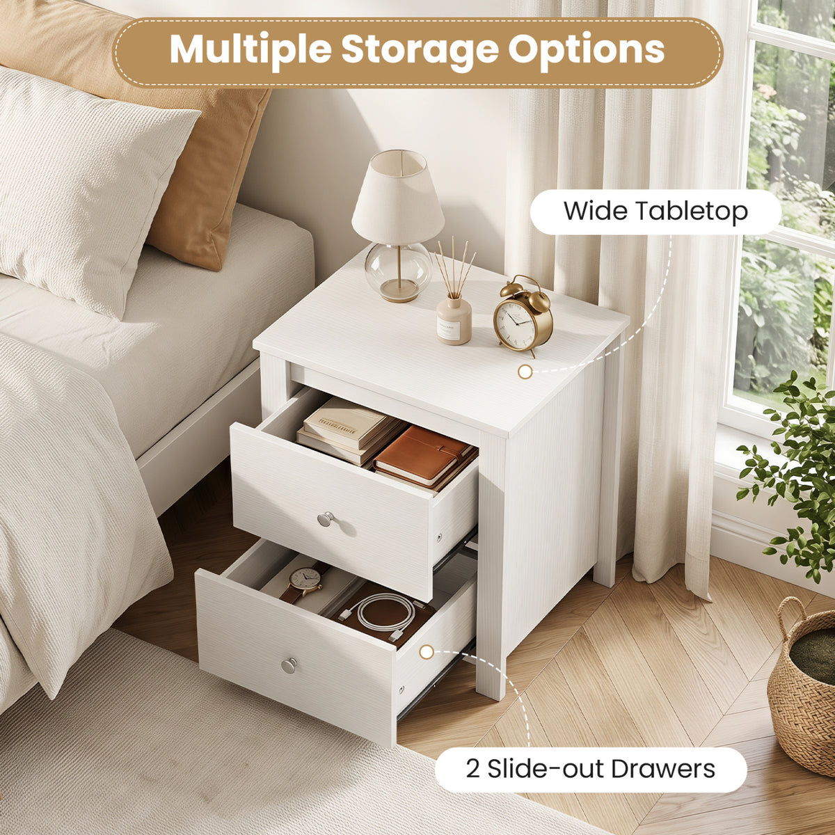 Nightstand with 2 Drawers & Storage for Bedroom Living Room Small Spaces-White