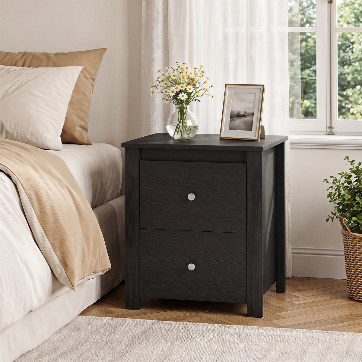 Nightstand with 2 Drawers & Storage for Bedroom Living Room Small Spaces-Black