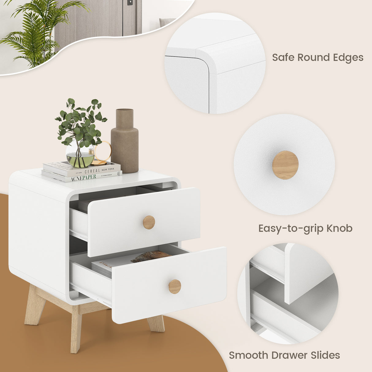 Nightstand with 2 Drawers Solid Rubber Wood Legs-White