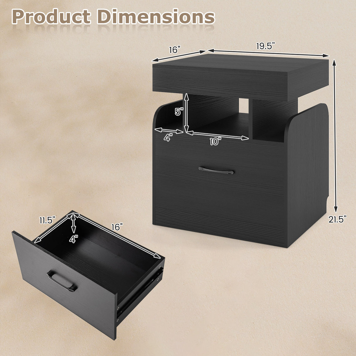 Nightstand with Charging Station Modern Bedside Table for Living Room Bedroom Office-Black