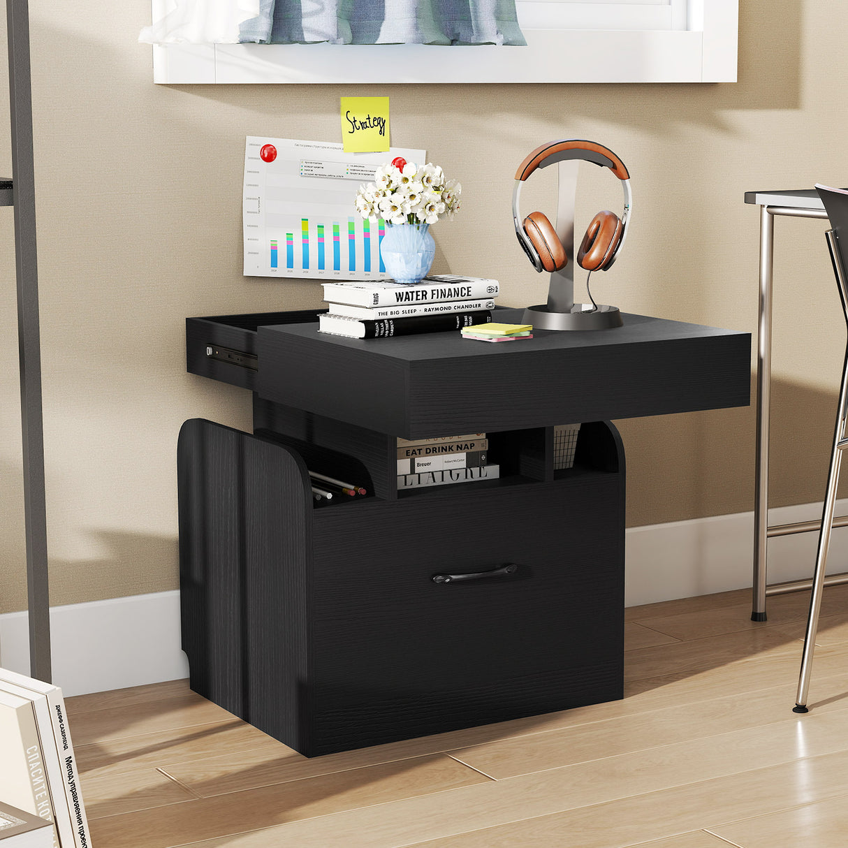 Nightstand with Charging Station Modern Bedside Table for Living Room Bedroom Office-Black